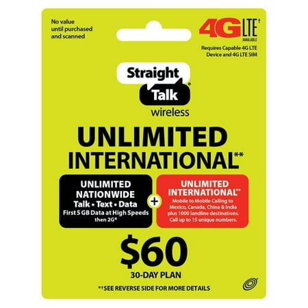 Straight Talk Wireless $60 30-Day Unlimited International Plan Prepaid Phone Card - Walmart.com