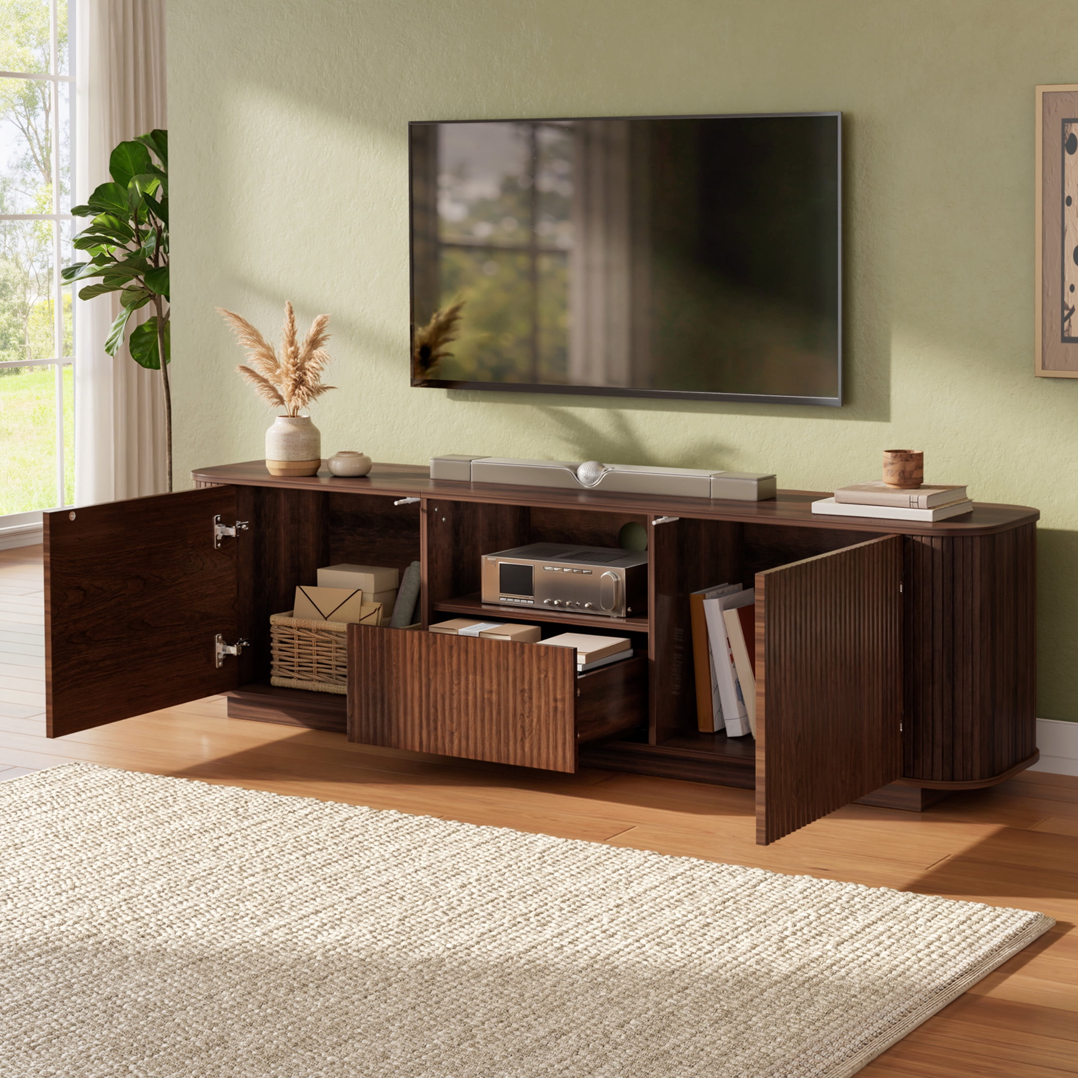 Noble House Modern TV Stand for TVs up to 80" with Ample Storage, Curved Corners, Dark Brown