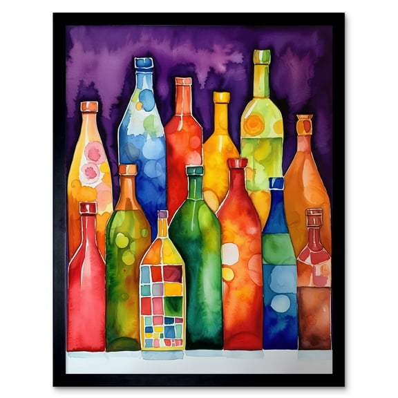 Colourful Glass Mead Bottles Still Life Watercolour Painting Art Print Framed Poster Wall Decor 12x16 inch