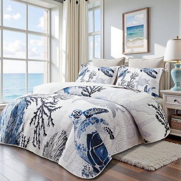 Coastal Bedding Queen Size Coastal Quilt with 2 Shams, Nautical Beach Comforter Sets Ocean Bedspreads Blue Seaturtle Coverlet Summer Bedding