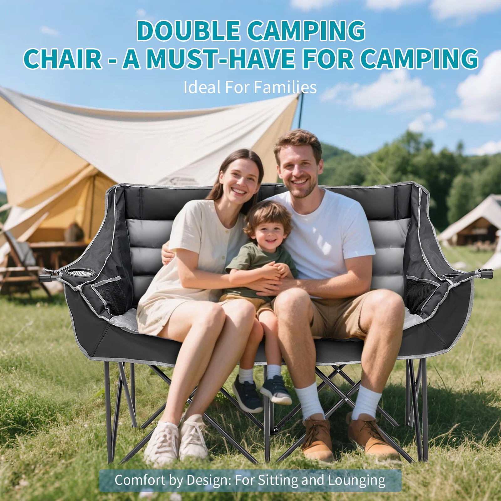 ABORON Oversized Double Camping Chair, Folding 2 Person Camping Chair Loveseat, Fully Padded Duo Chair Camping Couch, Portable Double Camp Chair, Lawn Chairs, Camping Bench with Carrying Bag