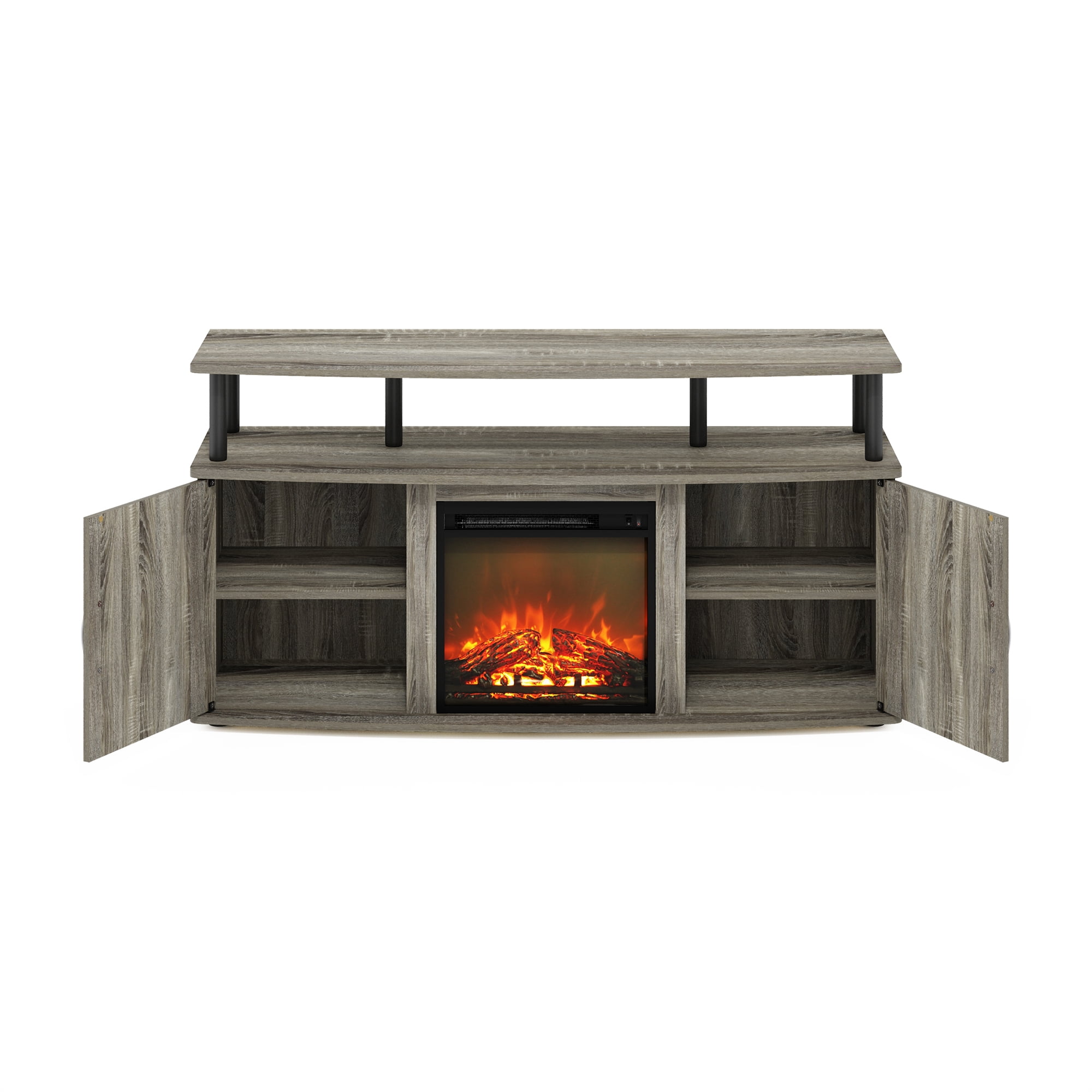 Furinno Jensen Living Room Fireplace Entertainment Center with Doors Storage Cabinet for TV up to 55 Inch, French Oak Grey/Black