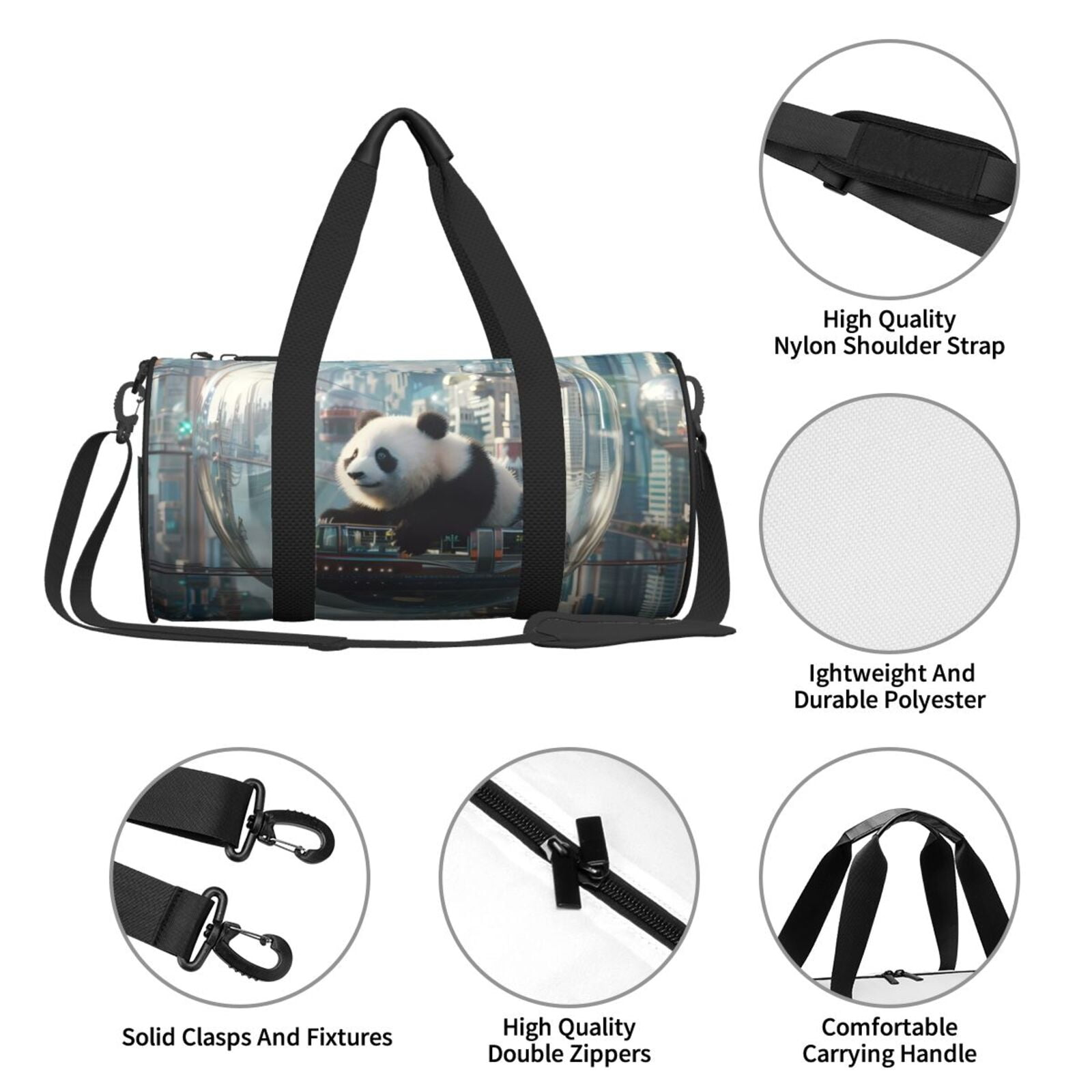 Vsdgher Panda In Futuristic City 45L Foldable Duffel Bag, Sports Gym Bag,Overnight Bag, Portable Weekender Bag for Airplanes