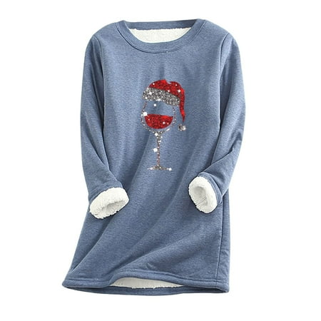 

Crewneck Sweatshirts Vintage Christmas Printing Long Sleeve Pullover Woman s Vacation Trendy Round Neck Shirt Coat Blue Medium