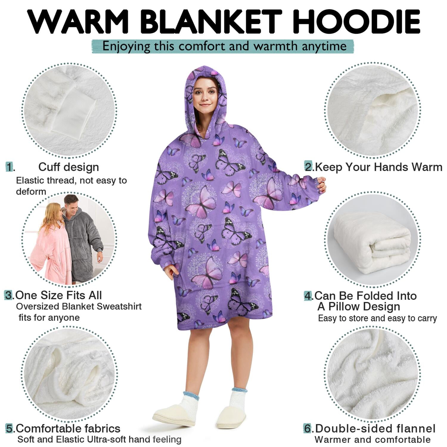 Purple Butterfly Pattern Wearable Oversized Blanket,Wearable Blanket Hoodie for Adults,Cozy Hooded Blankets with Super Pockets,Super Warm Fuzzy Pullover for Women & Men