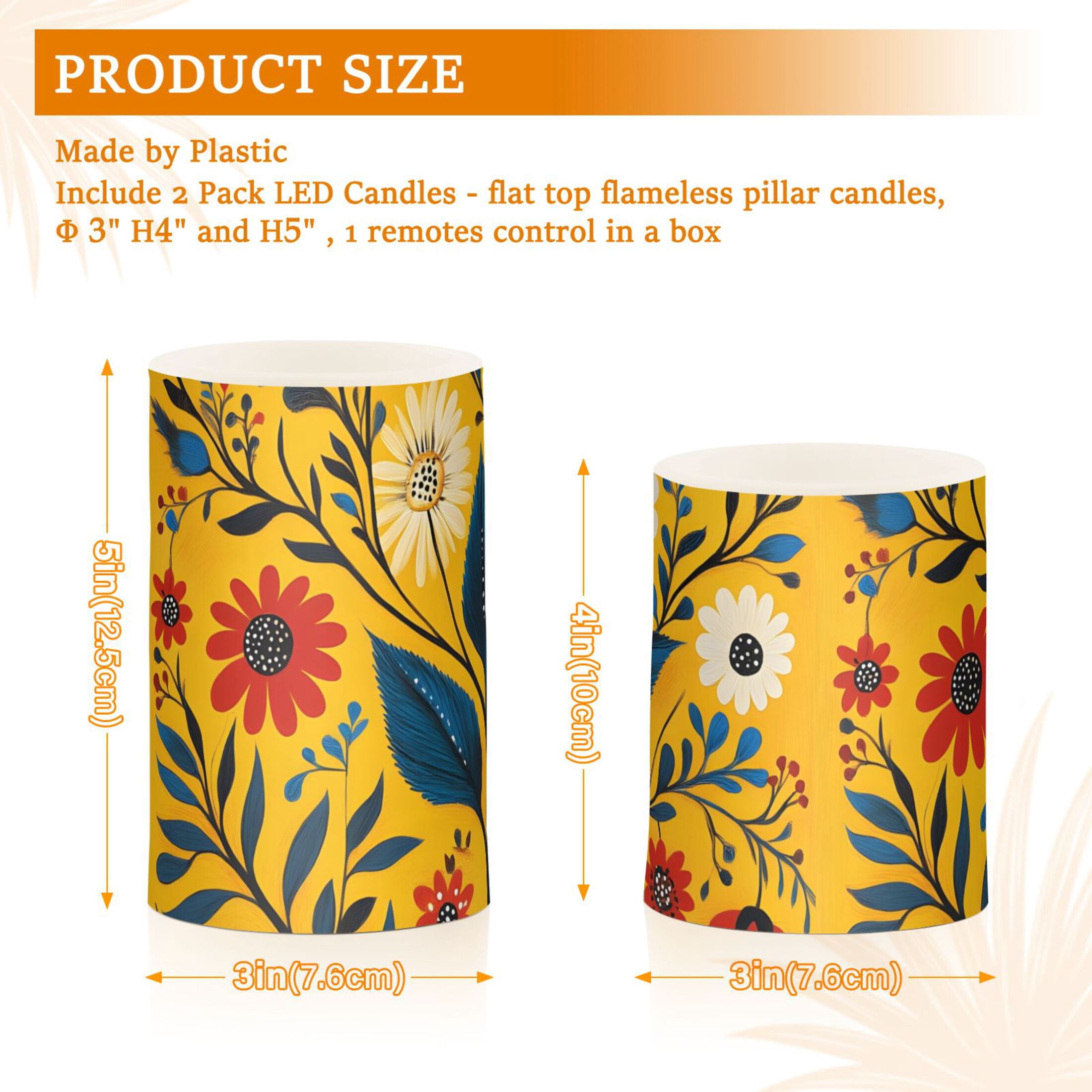 Floral Illustration Yellow Background Flickering Flameless Candles Battery Operated with Remote Timer LED Pillar Candles Set of 2