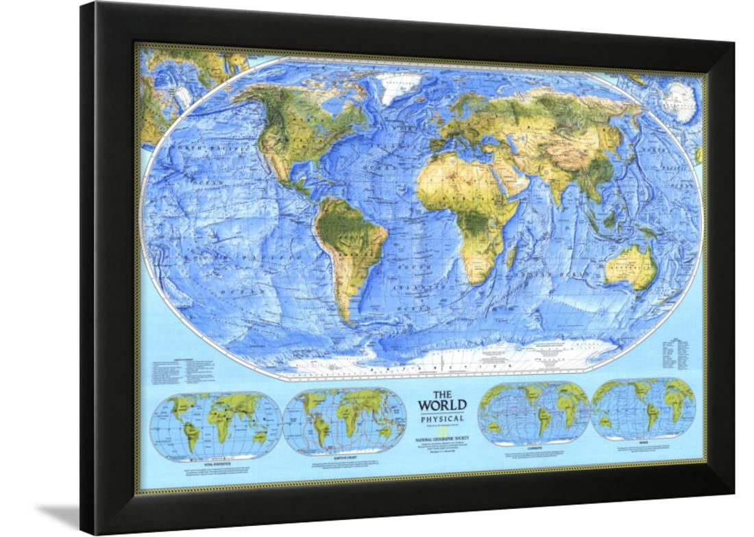 1994 world physical map framed print wall art by national