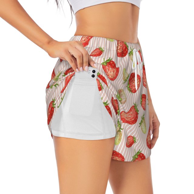 Balery Strawberries Pantalones cortos deportivos para mujer con forro y dos bolsillos, elásticos, para entrenamiento, gimnasio, yoga-XX-Large