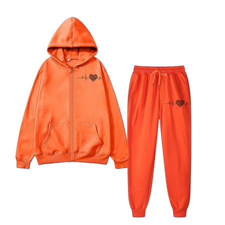 sususu Cozy Fall Fashion Fall Outfits Winter Women s Velvet Heart Print Hooded Tracksuit Set Cozy Loose Fit Casual Outfits for Fall and Cold Weather Seasons - Orange