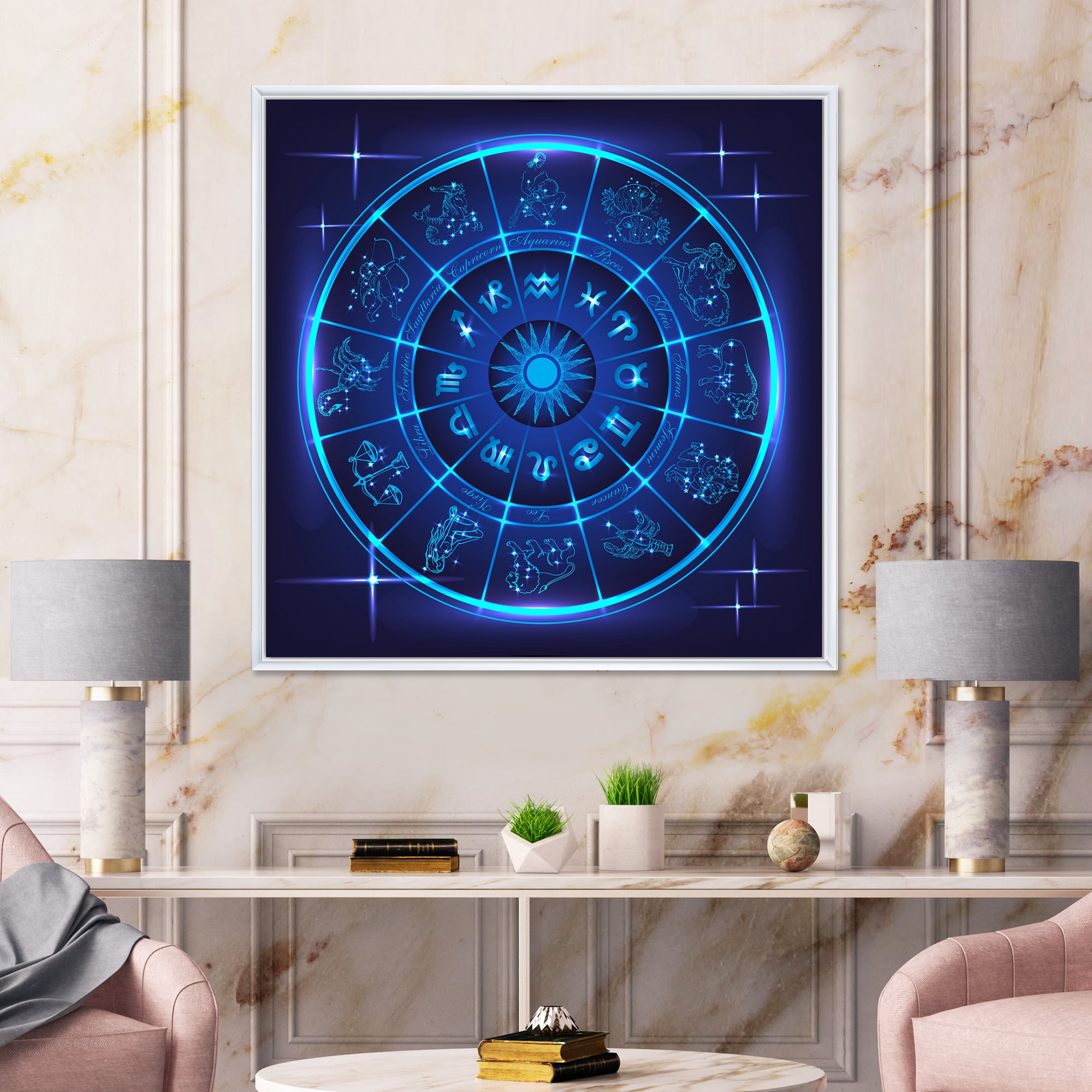 Designart 'Zodiac Signs With Neon Deep Blue Horoscope Circle' Modern Framed Canvas Wall Art Print