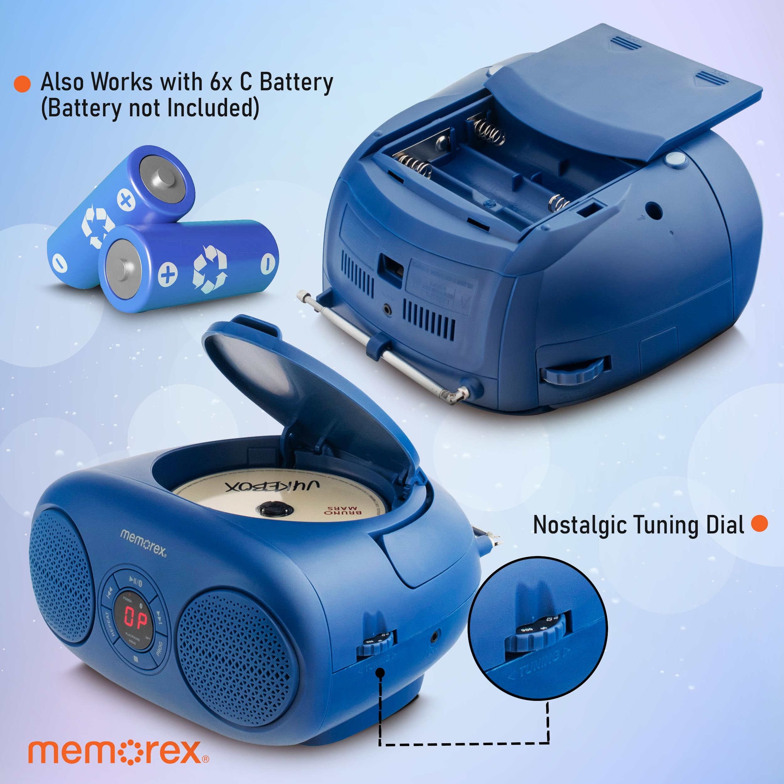 Memorex MX-BCD20(L) Portable CD Player | AM/FM Stereo Radio with Telescopic Antennas | CD-R/RW Compatible | Programmable Memory | LED Display | AUX Input | AC & Battery Powered (Blue)