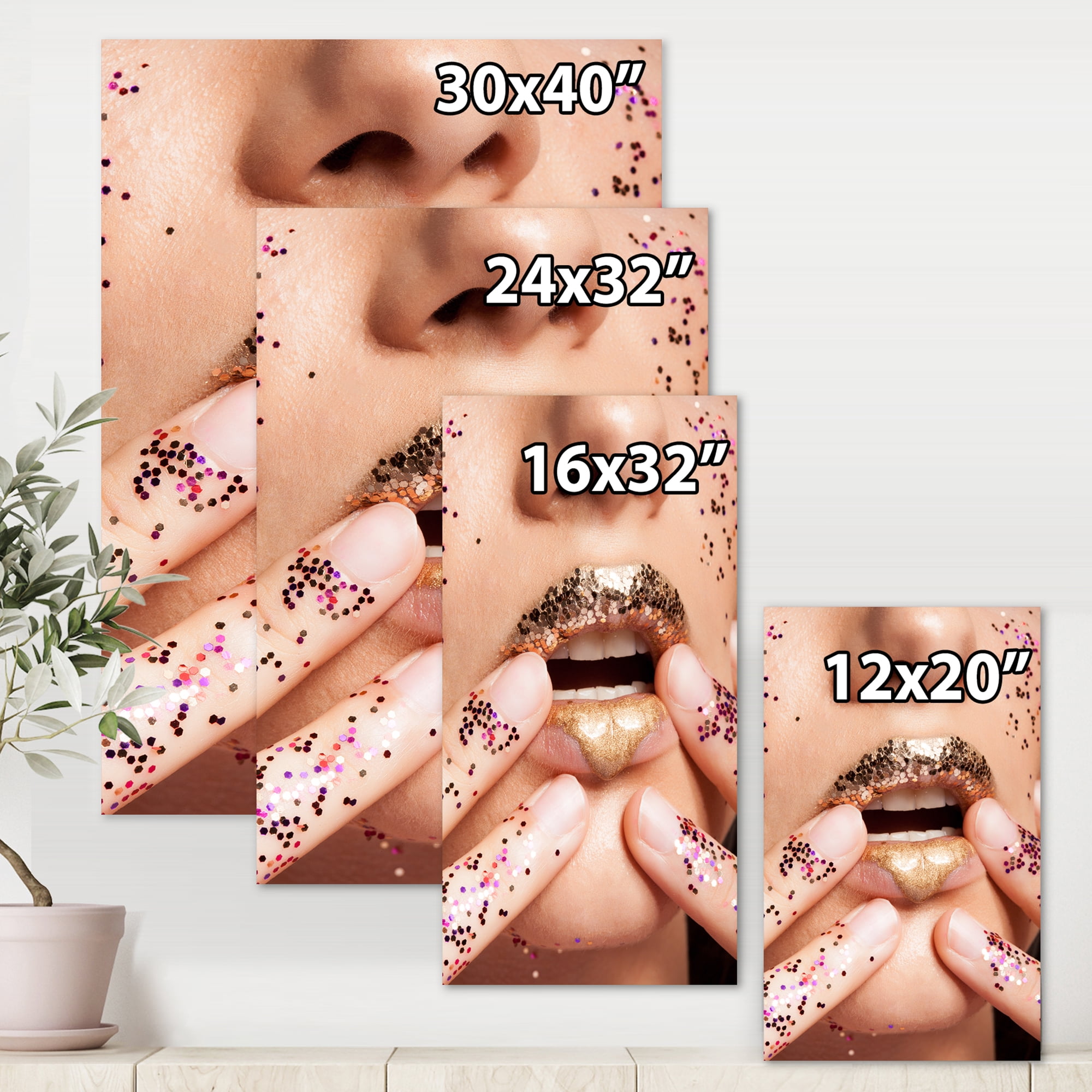 Designart ' Female With Golden Lips and Glitter On Her Hands ' Modern Canvas Wall Art Print