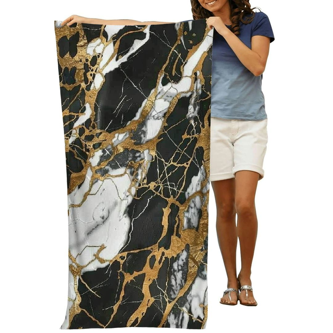 PHYHOO Marble Texture Oversized Quick Dry Microfiber Beach Towel Black Gold Texture Lightweight Sand Free Towel Super Soft &amp; Absorbent for Travel Swimming Sports 30x60in