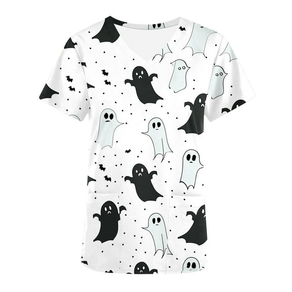 AGWOLF Women's Scrubs Clearance Halloween Scrub Tops Cute Bat Ghost Print Short Sleeve Nurse Shirts V Neck Working Uniform Lightweight Blouses with Pockets