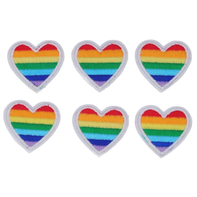 6 parches de corazón arcoíris para manualidades, con forma de corazón arcoíris, para coser, bordar, reparar ropa, con borde blanco.