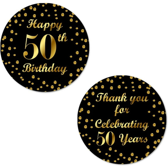 50th Birthday Round 2 Inch Big Glossy Stickers, Thank You for Celebrating 50 Years Black and Gold Labels, Great for Party Favors, Decorations, Tags, Gift Bags and Supplies