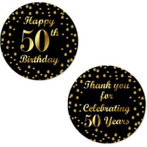 50th Birthday Round 2 Inch Big Glossy Stickers, Thank You for Celebrating 50 Years Black and Gold Labels, Great for Party Favors, Decorations, Tags, Gift Bags and Supplies