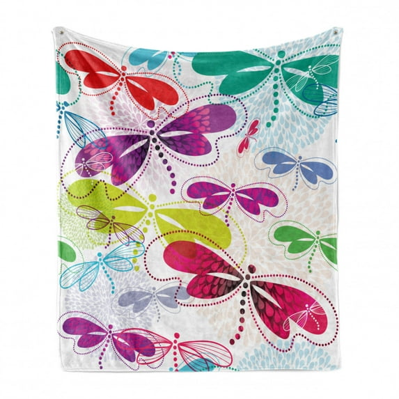 Dragonfly Soft Flannel Fleece Blanket, Modern Dragonfly and Floral Pattern Hydrangea Petals Like Fireworks Colorful Art, Cozy Plush for Indoor and Outdoor Use, 50" x 60", Multicolor, by Ambesonne
