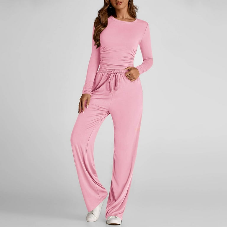Womens Two Piece Outfits Basic Long Sleeve Slim Fit Crop Top Fold