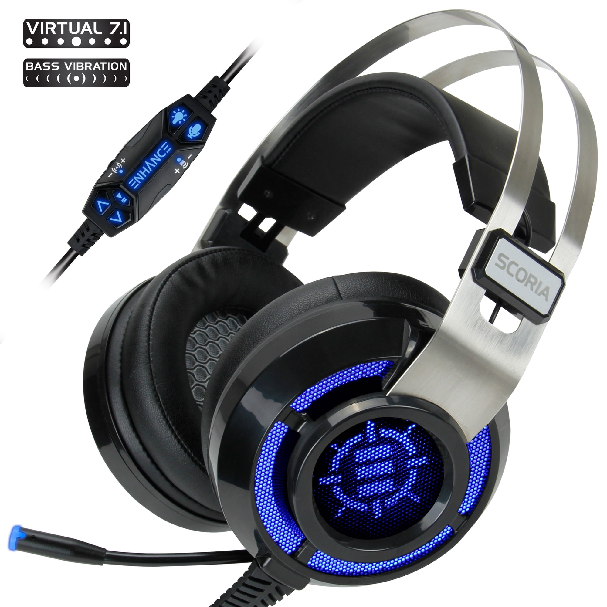 ENHANCE Scoria Gaming Headset for Computer & PS4 with USB 7.1 Surround Sound , Interactive Bass Vibration , Adjustable LED Lighting , In-Line Controls & Retractable Microphone - TeamSpeak Certified