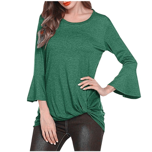 Chemises à Manches Cloche 3/4 pour Femmes Hauts Chic Décontracté Tunique à Col Rond Blouses Amples Chemises Grande Taille Chemises de Randonnée Femmes P-169 Vert TG