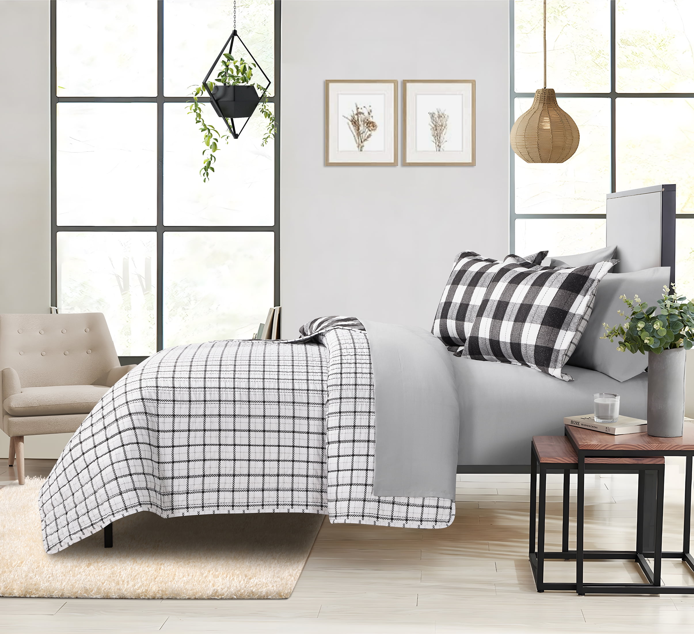 Mainstays All in One Lightweight Quilt Set and Sheet Set -7 Piece, King, Buffalo Check