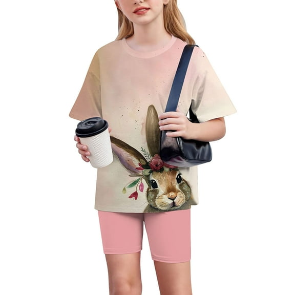 Spazoro Little & Big Girls Leisure Outfit Sets, 2-Pieces Easter Crew Neck Summer Short Sleeve Shirt and Shorts Sets Pink Size 5 T