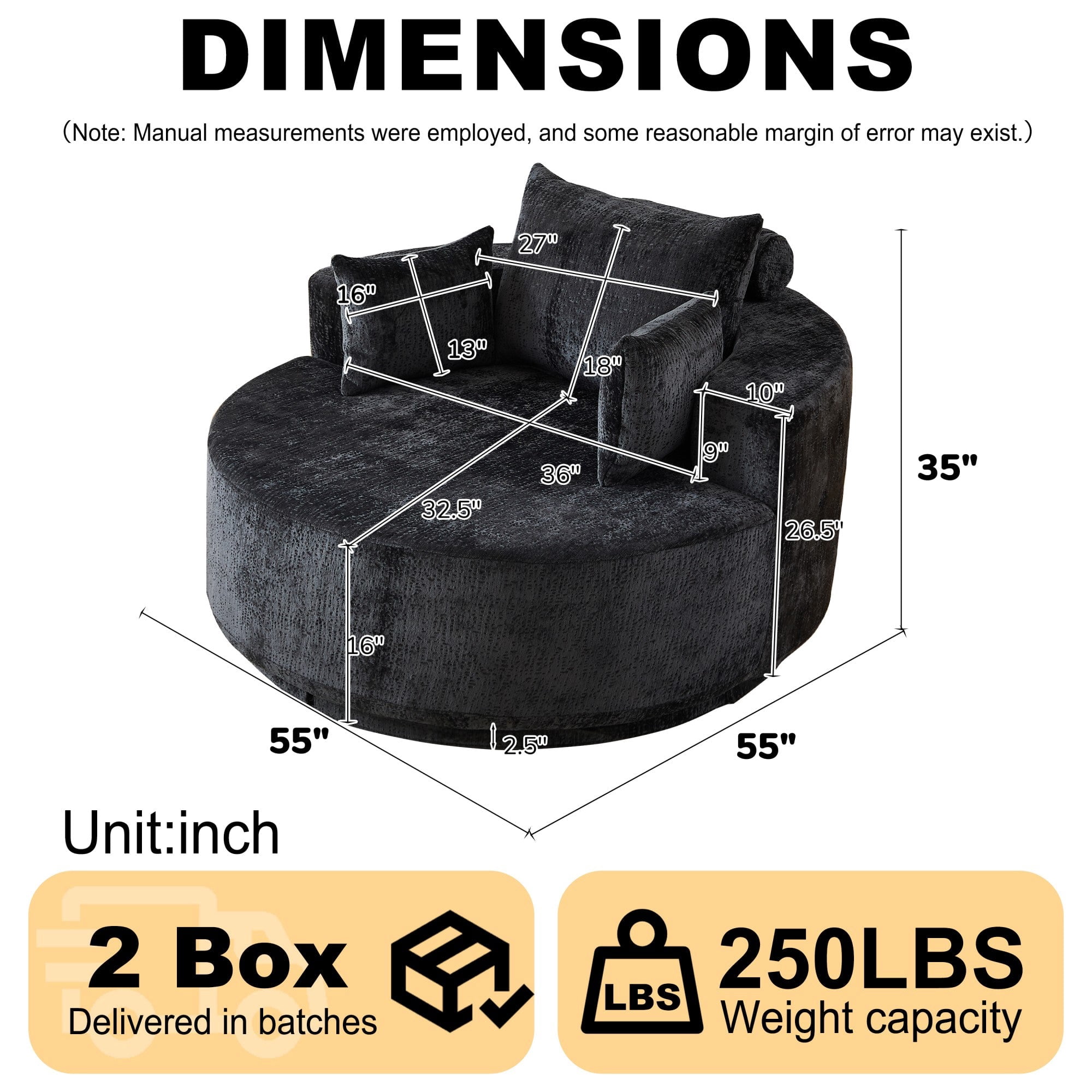 Sailvan 55" Polyester Fabric Swivel Chair, Modern Round Sleeper Sofa with 360 Degree Rotation, Fluffy Foam Lounge Chair for Living Room Black