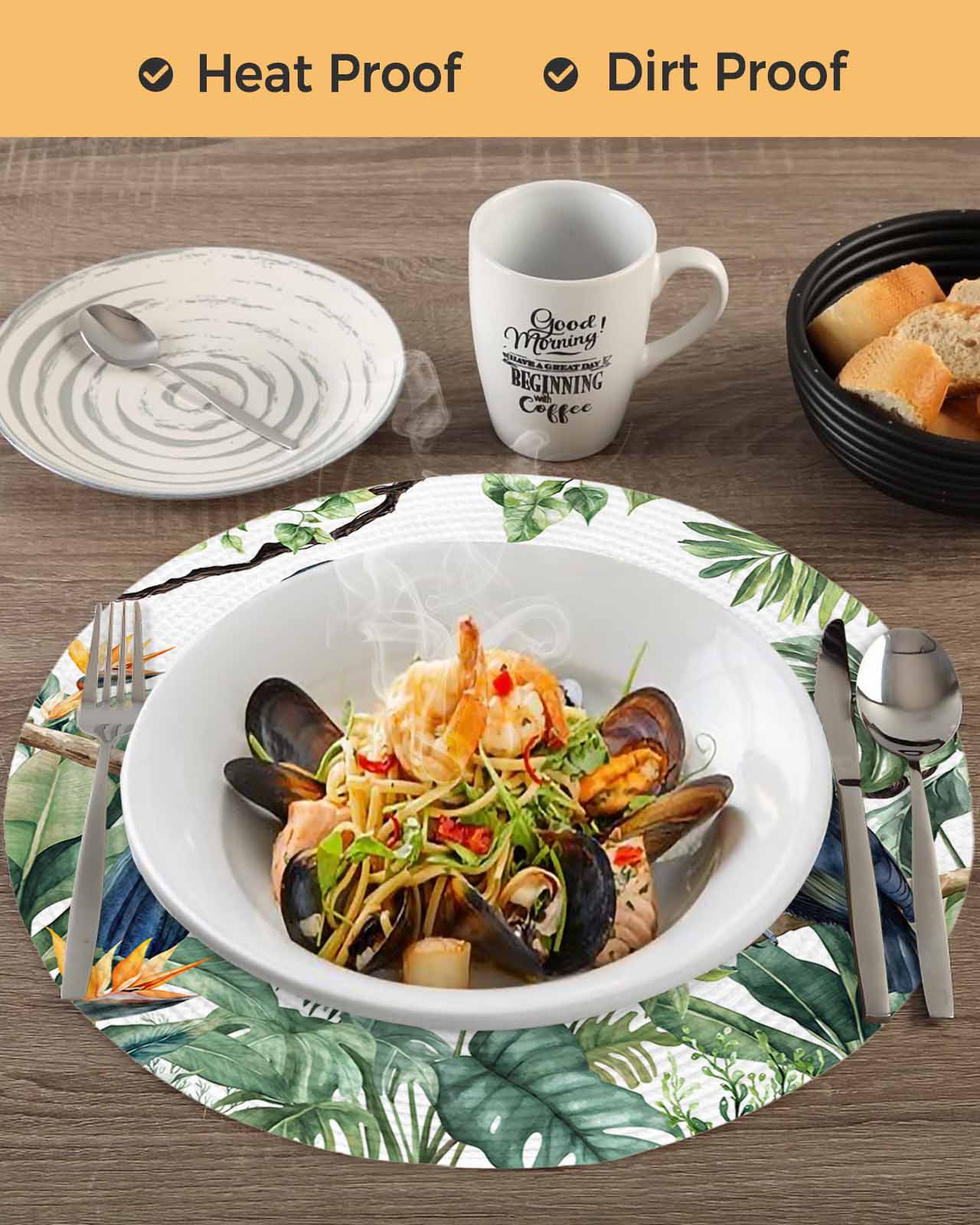Tropical Botanical Round Table Placemats set of 6, Palm Banana Leaf Toucan Washable Woven Place Mats for Dining Tables Kitchen Party Decor,Heat Proof, 15in, Green
