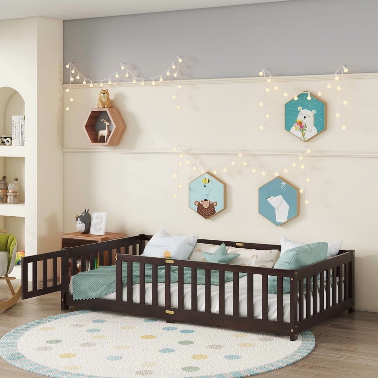 Mirightone Twin Size Floor Bed , Wood Montessori Floor Beds with Fence Railings, Door & Slats Support, Twin Playhouse Bed Frame, (Espresso)
