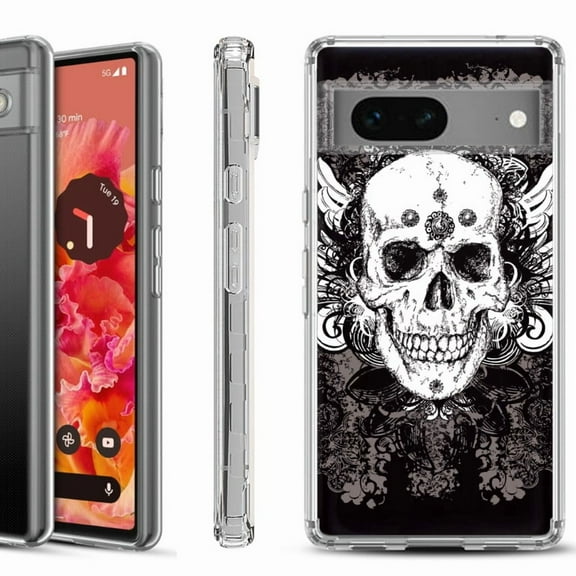 Shockproof Phone Case for Google Pixel 8a 5G, Hybrid Case Cover, by OneToughShield - Grunge Skull
