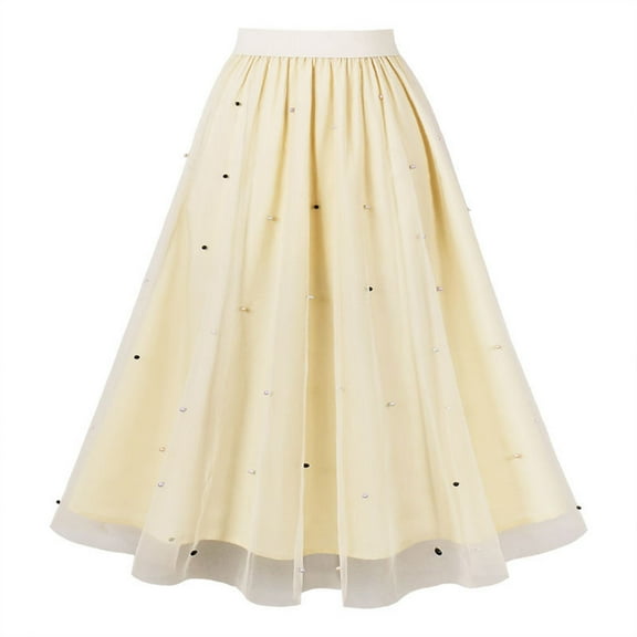 Lovskoo Women's Tulle Skirt Elegant Pleated Skirts for Women Midi Length Elastic Waist Beige