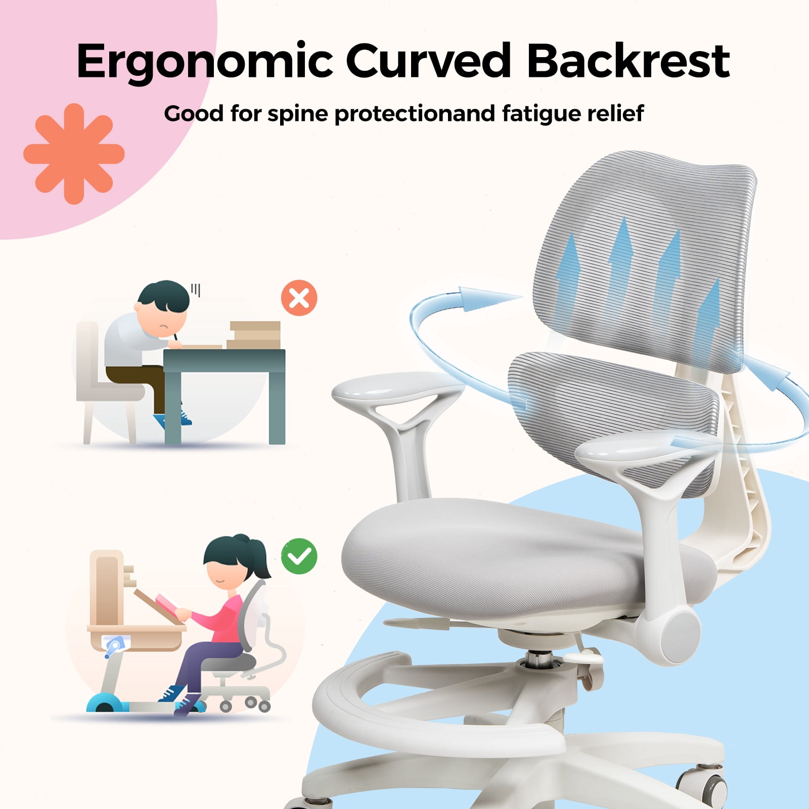Kids Study Desk Chair, Ergonomic Adjustable Height  Chair for Childer , Swivel Mesh Desk Chair with Wheels, Home Office Chair for Children in Home Bedroom-Includes 2 Free Chair Covers