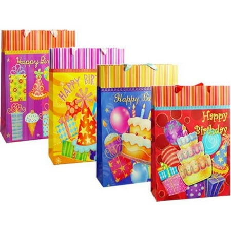 Familymaid 13387 3 Assorted Design Extra Large Birthday Bag with Glitter - 30 x 10.5 x 38.5 cm - Pack of 144