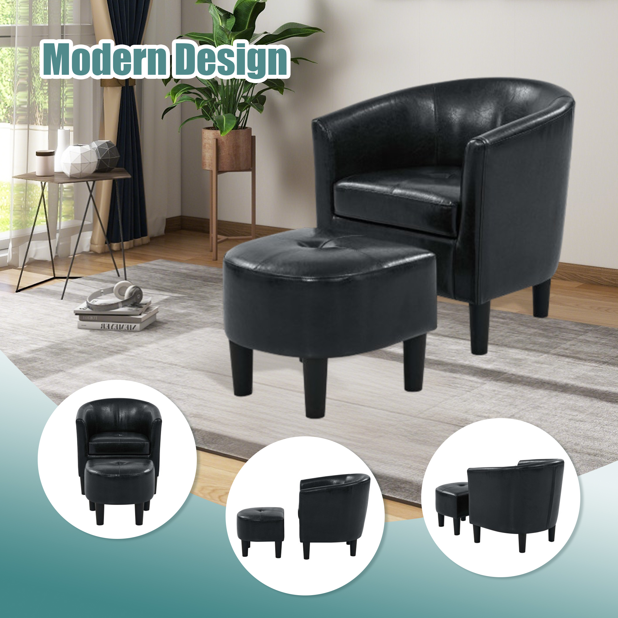 MOONMISS Velvet Accent Chair with Ottoman for Living Room，Black