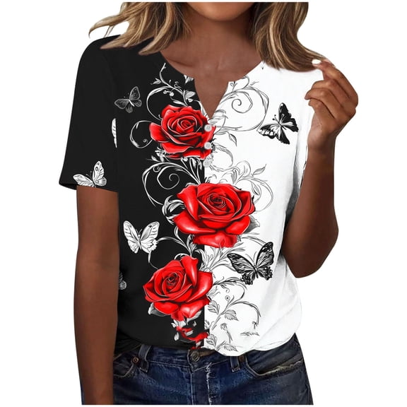 Staron Women's Casual Printed V Neck Button Down Short Sleeve Blouse Loose Fit Fashion Top, Wine L
