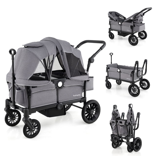 Gymax Wagon Stroller for 2 Kids Push Pull Double Stroller w/ Adjustable Handle Gray