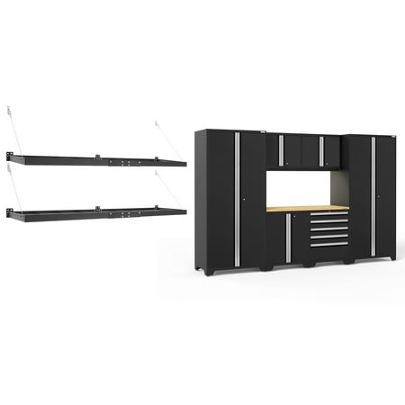 

NewAge Products Pro Series Black 9 Piece Cabinet Set Heavy Duty 18-Gauge Steel Garage Storage System LED Lights / Wall Mounted Shelf Included