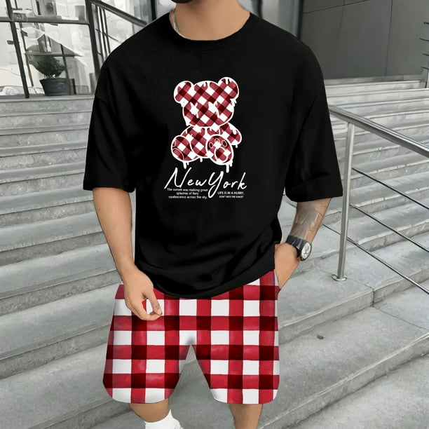 WILLBEST Conjunto de Camiseta y Pantalones Cortos de Verano para Hombre, Informal, con Estampado de Oso, Diseño A Cuadros, para Gimnasio, Deportes y Vacaciones