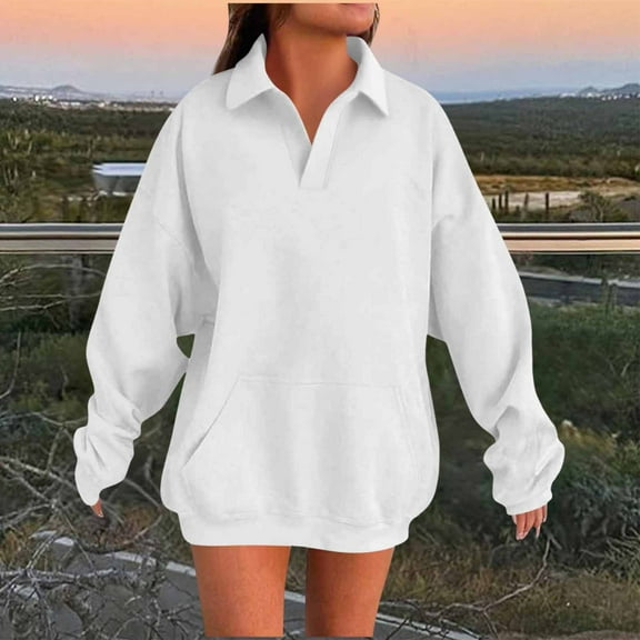 Miluxas Womens Fashion Oversized Long Sleeve Hoodless V Neck Sweatshirt Solid Casual Pullover Tops with Pocket White XL(XL)