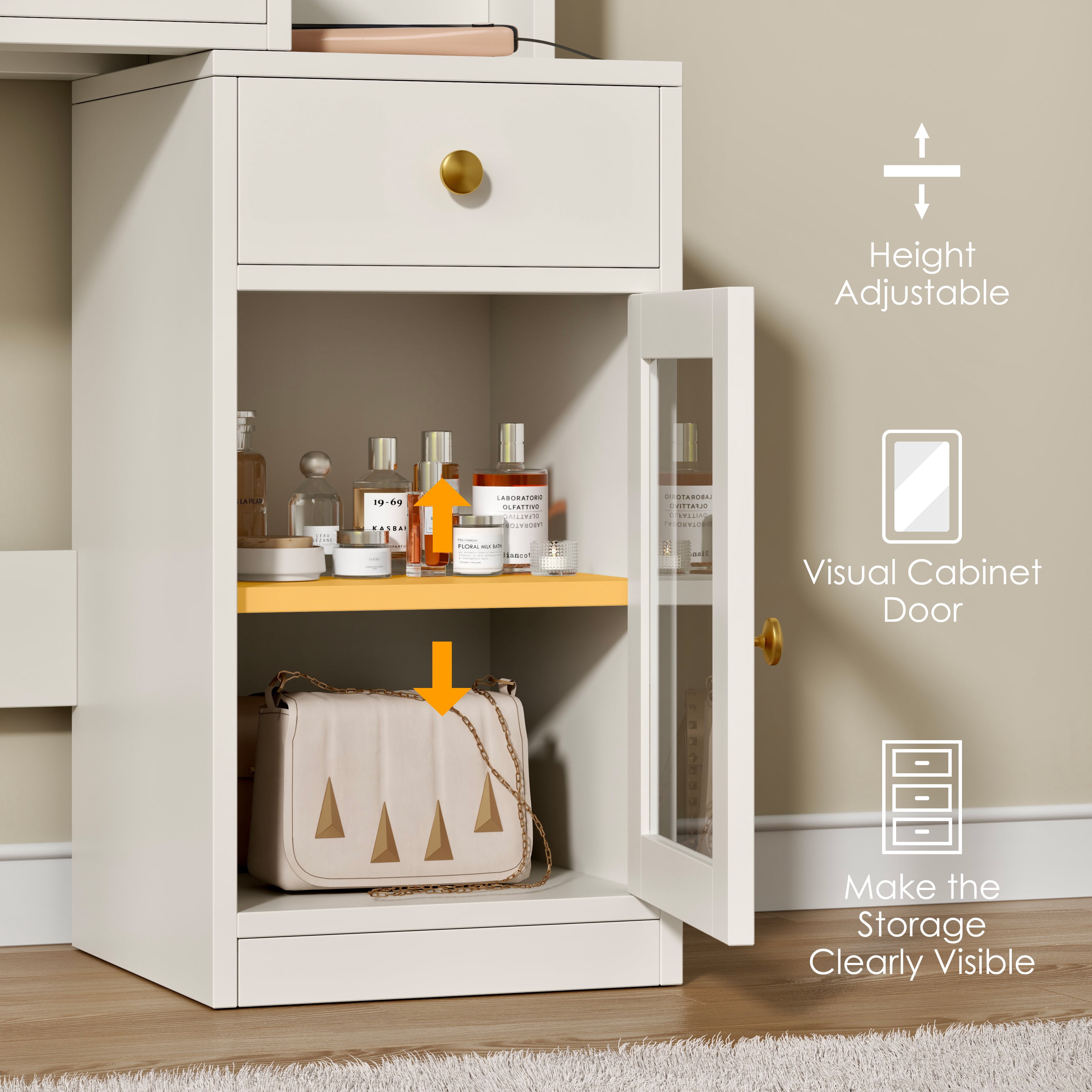 Satifur Modern LED Vanity Desk with Charging Station & Storage & LED Mirror, White Makeup Table for Bedroom