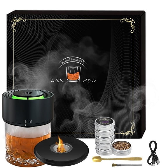 Meamaz Electric Whiskey & Cocktail Smoker Kit – LED Light, 6 Flavors (Rechargeable, No Butane) for Bourbon Enthusiasts & Gifting to Men