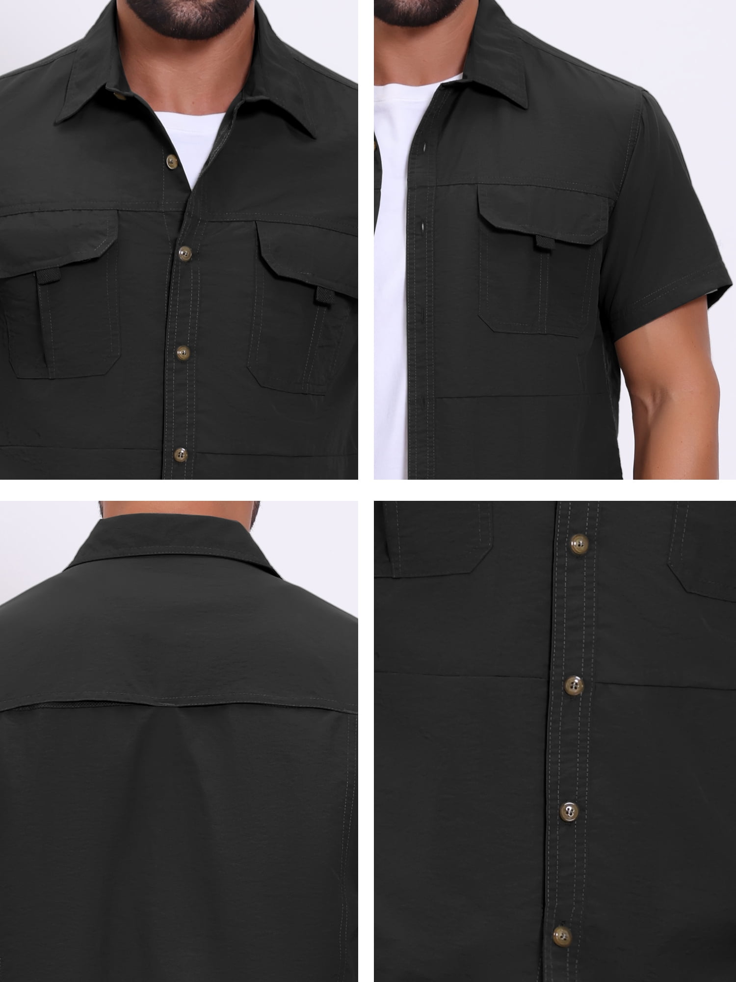 DARING DIVA Men's Solid Cargo Short Sleeve Button Down Utility Shirts XL Black