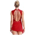 thumbnail image 2 of inlzdz Women Figure Skating Dance Dress Mesh Rhinestones Asymmetrical Ballet Lyrical Dancewear Red XXL, 2 of 7
