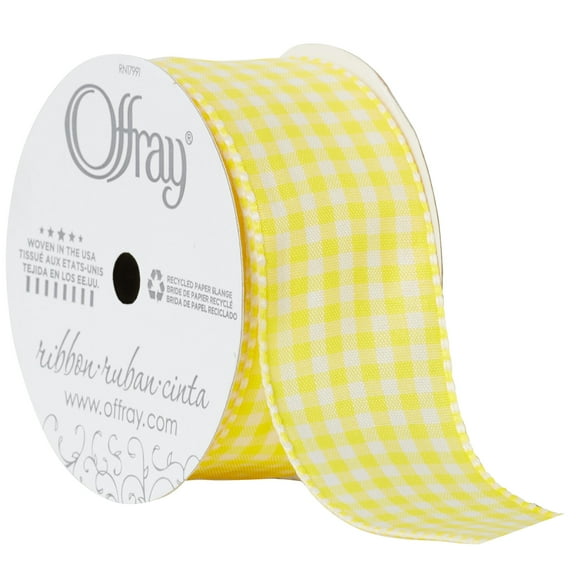 Offray Ribbon, Lemon Yellow 1 1/2 inch Gingham Check Woven Ribbon for Crafts, Gifting, and Wedding, 9 feet, 1 Each