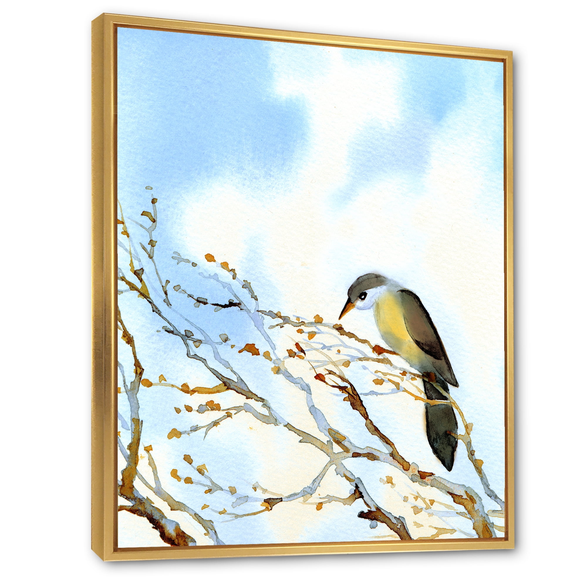 Old Bird Sitting On Tree 12 in x 20 in Framed Painting Canvas Art Print, by Designart