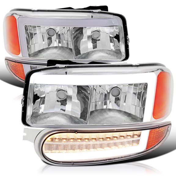 Spec-D Tuning Chrome LED Tube Headlights Sequential Bumper Lights Compatible with 2000-2006 GMC Sierra Denali, Yukon XL Denali