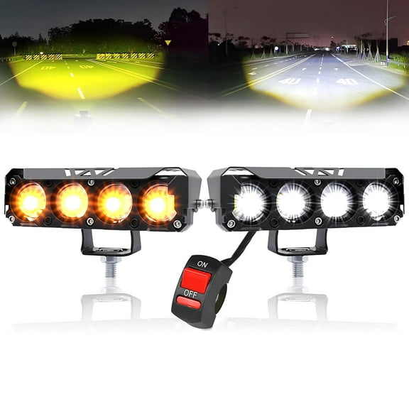 Super Bright 4 Led Fog Light Lamp | White & Yellow | High/Low Beam | 4 Modes of Flashing Spotlight With On-Off Switch Universal for All Bikes, Cars, SUVs & Thar (Pack of 2)