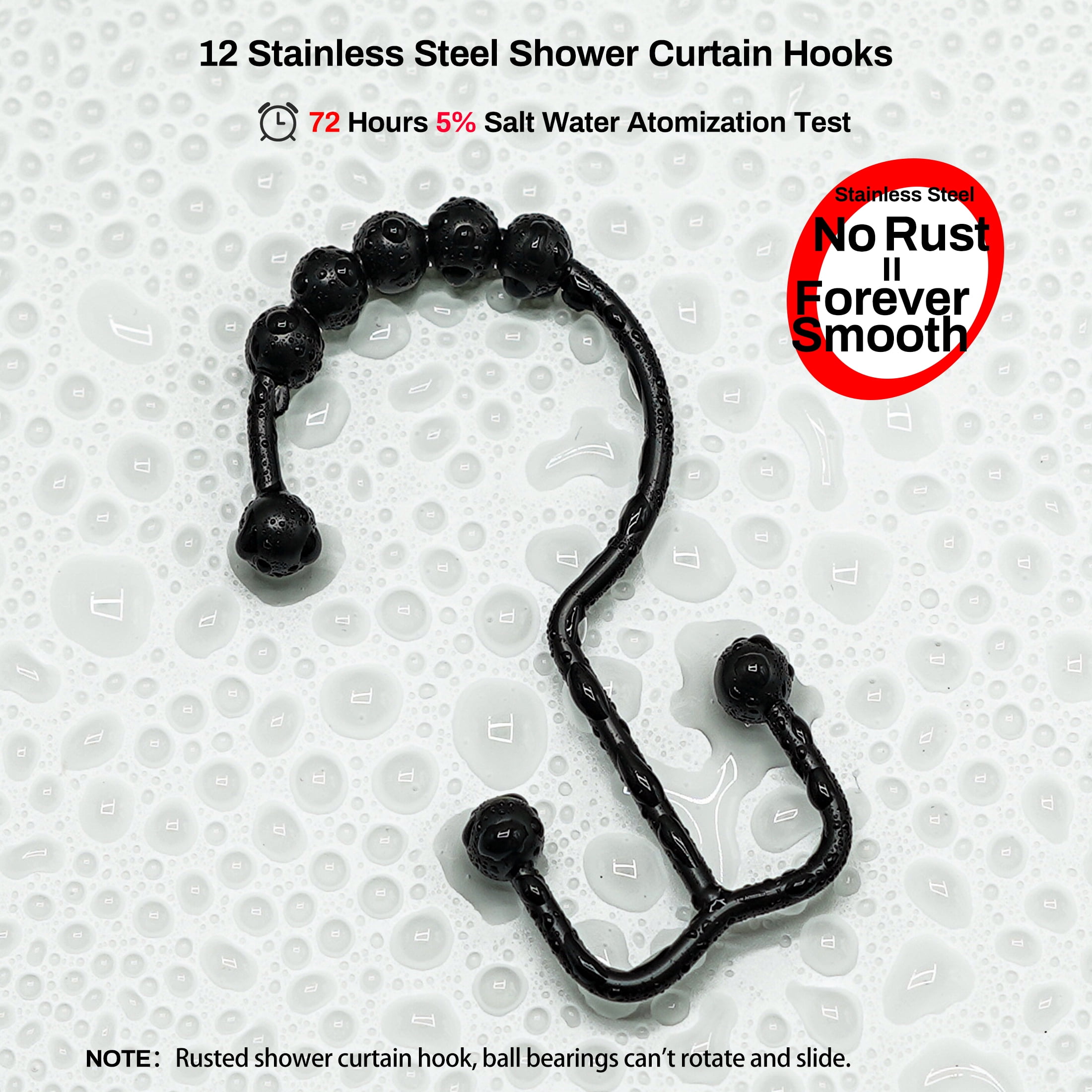 BloomFlower Black Shower Rod with 12 Hooks, 43-72 Inches, Rust Resistance, Adjustable Tension Rod with Durable Spring