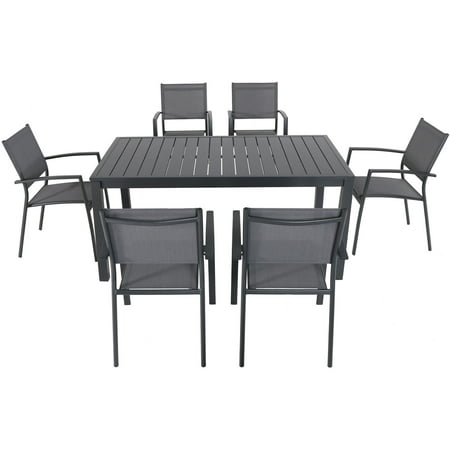 Hanover Naples 7-Piece Outdoor Dining Set | Aluminum 63 x 35 Patio Table with 6 Stackable Sling Chairs | Modern Comfortable and Weather-Resistant | NAPDNS7PC-GRY